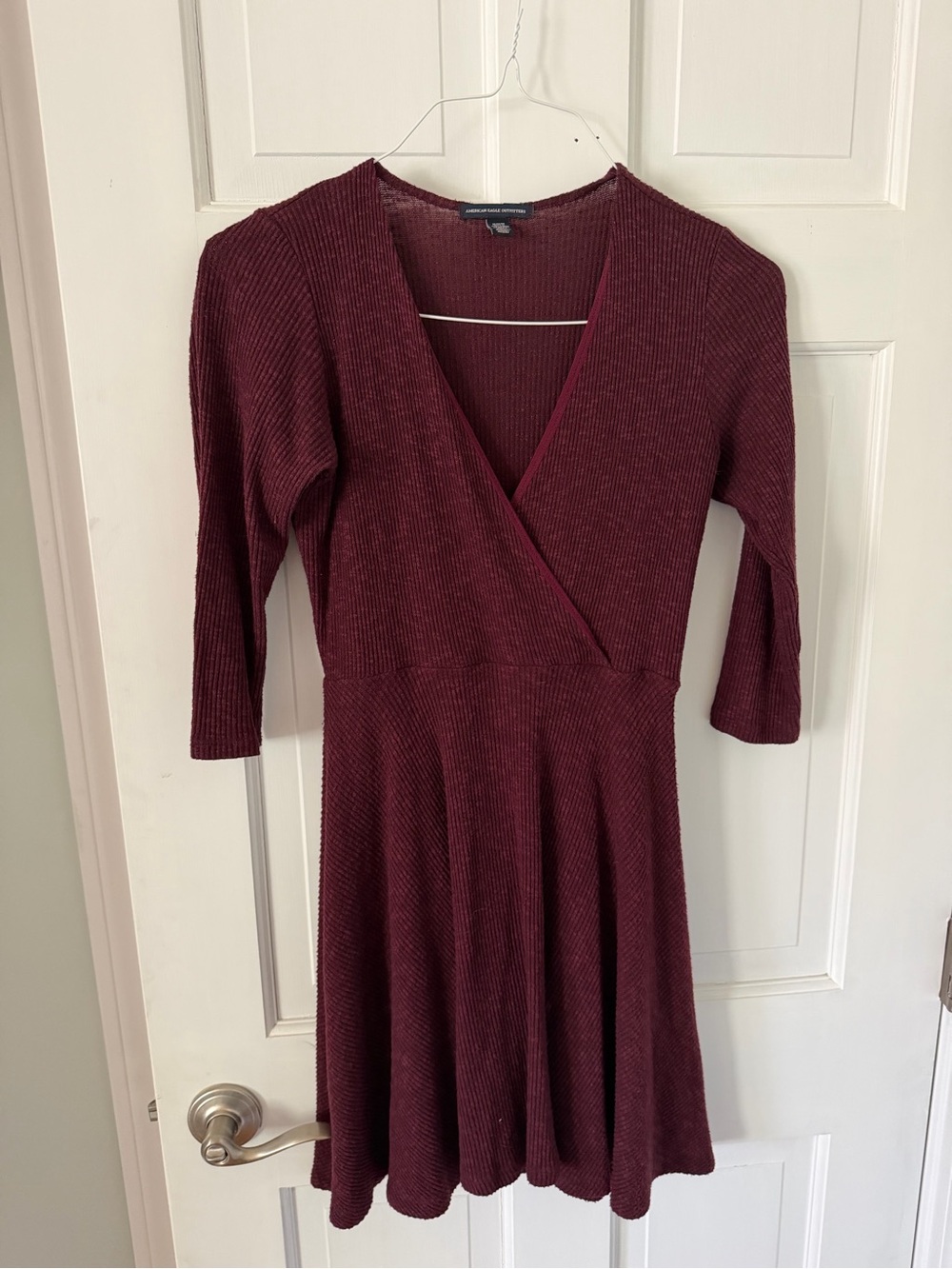 American Eagle Outfitters Ribbed Wrap Skater Dress in Wine
